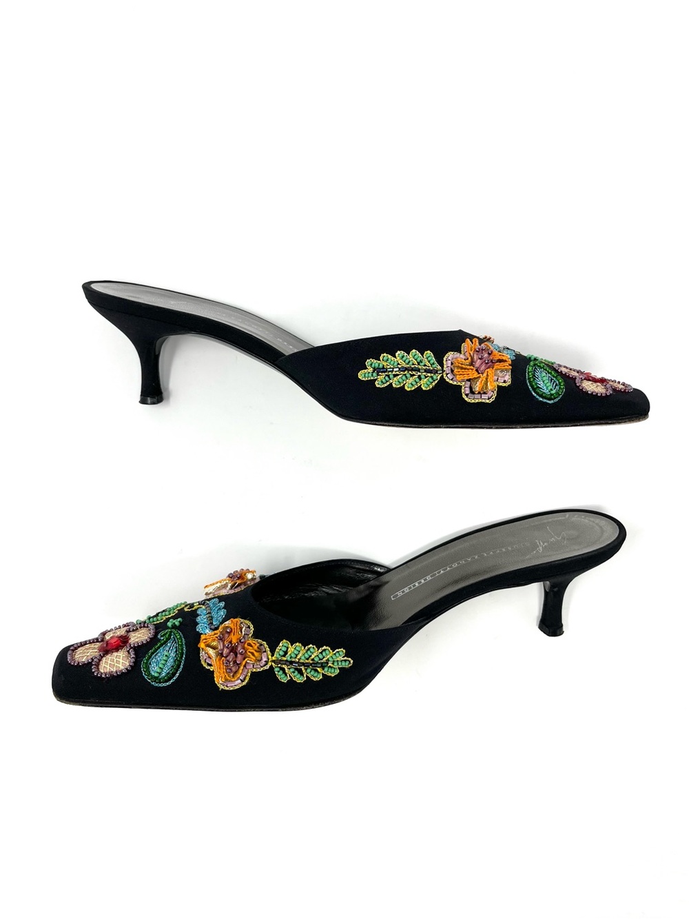 Vintage Giuseppe Zanotti Y2K Black Satin Beaded Flower Mules Kitten Heels 7.5 - Picture 5 of 10
